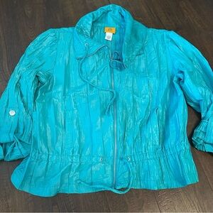 Ruby Rd. Retro Style Teal Aqua Crinkle Windbreaker Jacket